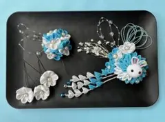 七五三髪飾り　つまみ細工　うさぎ　ブルー　ホワイト　ハンドメイド