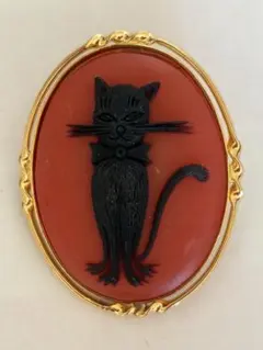 【未使用・日本製】ヴィンテージ風 黒猫 カメオブローチ レッド レトロポップのサムネイル