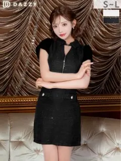 ［明日花キララ着用］ ラメツイードx胸元ジップ半袖タイトミニ丈キャバドレス