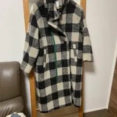 ウール混合 ブラック・ベージュ チェック ロングコート