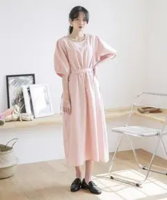 UNE MANSION パフスリーブフレアロングワンピース ピンク