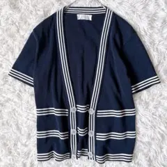 レディース 半袖カーディガン 飾りボタン 羽織り ボーダー ネイビー M