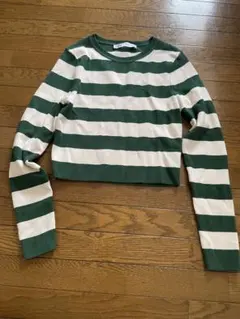 ZARA 緑と白ストライプ クロップドニット L