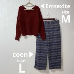 ✨レディース 冬物 2点セット✨バーガンディ Vネックニットとチェックパンツ