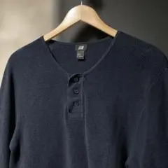 H&M コットンニット ヘンリーネックカットソー ネイビー M