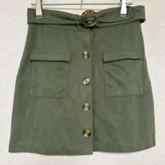 ★カーキ 台形ミニスカート ベルト付き フロントボタン ミリタリーテイスト
