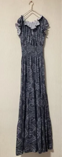 エスニック　ペイズリー　シャーリング　ティアード　ワンピース　マキシワンピース