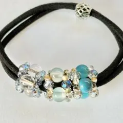 【１点限り特価】天然石のヘアゴム（青系ジェイド＆クォーツ小粒 3連）