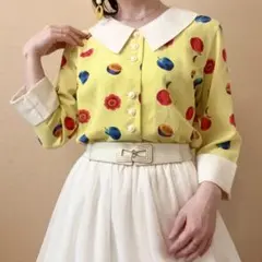 花柄 果物柄 バイカラー ブラウス レトロポップ ヴィンテージ 一点物 黄色 白