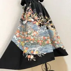 【1点物】美品　着物　リメイク　ロングスカート　黒留袖　花柄　豪華　正絹