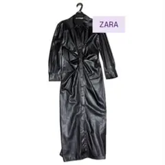 ZARA、ロング丈、シャツワンピース、フェイクレザー、黒色