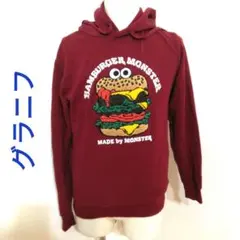 ​【美品・立体刺繍】グラニフ ハンバーガーモンスター プルオーバーパーカーS赤茶