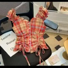 オフショルダーチェック emmy フェアリーグランジダブルシャーリングフリル