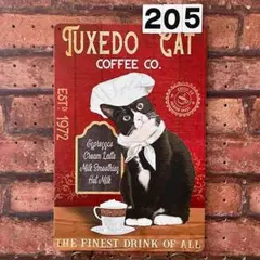 猫 CAT ハチワレ カフェ 《205》ブリキ 看板 レトロ風 ☻