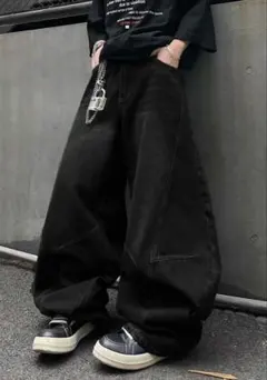 ブラック ワイドデニムパンツ