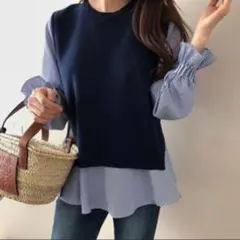 SALE ニットベストブラウス セットアップ　ブルー　春秋