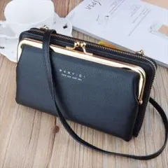 がま口長財布 レディース ポシェット ショルダーバック ポーチスマホ小銭入れ 黒