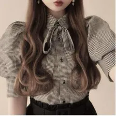 GRL リボンタイ付きギンガム柄パフスリーブブラウス[tu93b]