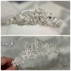 美品　ティアラ　2点セット　結婚式　ウエディング　ホワイト　シルバー　大きめ