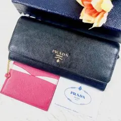 美品✨プラダ サフィアーノ パスケース付き 長財布 メタルロゴ バイカラー