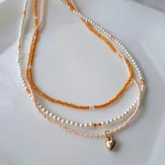 No.17　ビーズネックレス　ハンドメイド　重ね付け　2連　ハート　オレンジ