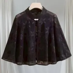 【高見え】結婚式　パーティードレス　上品　レース　ケープ　ボレロ　黒　フォーマル