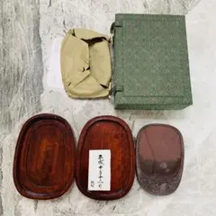 梅花彫刻 硯 木製蓋付き 書道用具　中国 端渓硯 年代物　アンティーク
