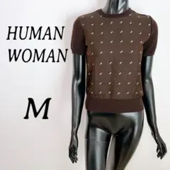 [HUMAN WOMAN] 半袖ニット クルーネック ホース柄 ブラウン (M)