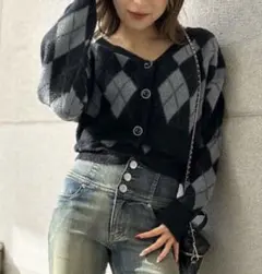 《アーガイル柄×フェザー素材》キャミ付きニットカーディガン／秋冬春