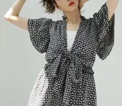 レディーストップス　2way 半袖　チュニック　ギンガムチェック　フリーサイズのサムネイル