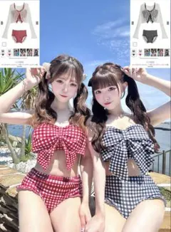 ボレロ付きギンガムチェック柄リボンデザインビキニ水着[sw954]のサムネイル