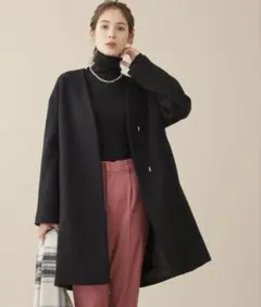 Manteco ブラック ノーカラーミドルコート　ナノユニバース