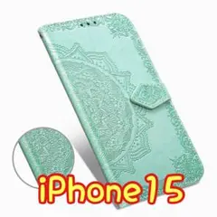 エンボス加工スマホケース 手帳型 iPhone15 グリーン②