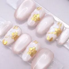 113ネイルチップXSサイズ 韓国 上品 フラワー ゴールド マグネット　ピンク