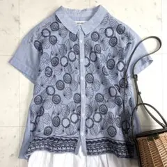 人気 スーパーハッカ コットン半袖ブラウス ストライプ 刺繍 チビ襟のサムネイル