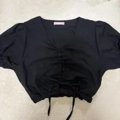 ブラック フロントギャザー リボン ショート丈トップス 半袖 韓国風