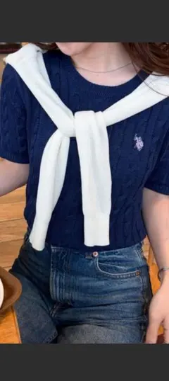 ポロロゴ刺繍 ネイビー ケーブルニット