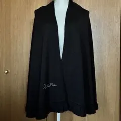 【美品】フリル付きウール混ニットストール 黒 ショール ポンチョ マント ケープ