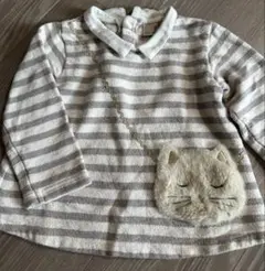 petit main ストライプ 猫刺繍 長袖カットソー 90