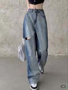 ウォッシュド ダメージワイドレッグジーンズ
