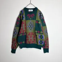 柄ニット　セーター　総柄　レトロ　マルチカラー　幾何学模様　グリーン　ウール　L