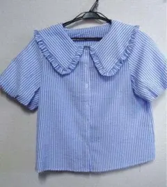 【美品】SHEIN フリル襟　ビッグカラー　ブルー　ストライプブラウス