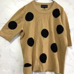 ドット柄 ニットソー 五分袖 クルーネック マスタード L ブラウン ブラック