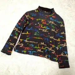 レミーナ 日本製 カラフル総柄ハイネックトップス M 黒 マルチカラー 古着