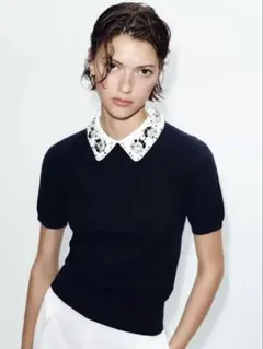 ZARA ビジュー付きネイビー半袖ニット