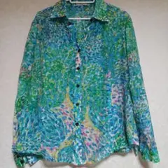 青緑の抽象模様 長袖シャツ