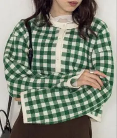 wcloset ギンガムチェックニットカーディガン グリーン