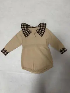 ベージュ チェック襟 ロンパース 90