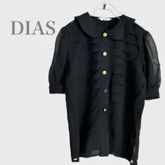 フリルブラウス　半袖　金ボタン　透け感　ブラック　フェミニン　大人可愛い　春夏