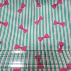 約90~100cm　オックス　生地　はぎれ　ストライプ　リボン　ミント